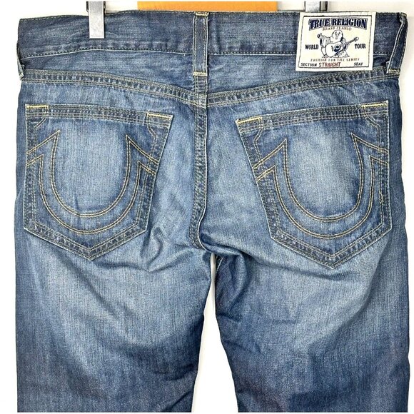 True Religion Mens Jeans Straight QT Green Combo Chestnut Path Denim Size 38x28 - Picture 5 of 16